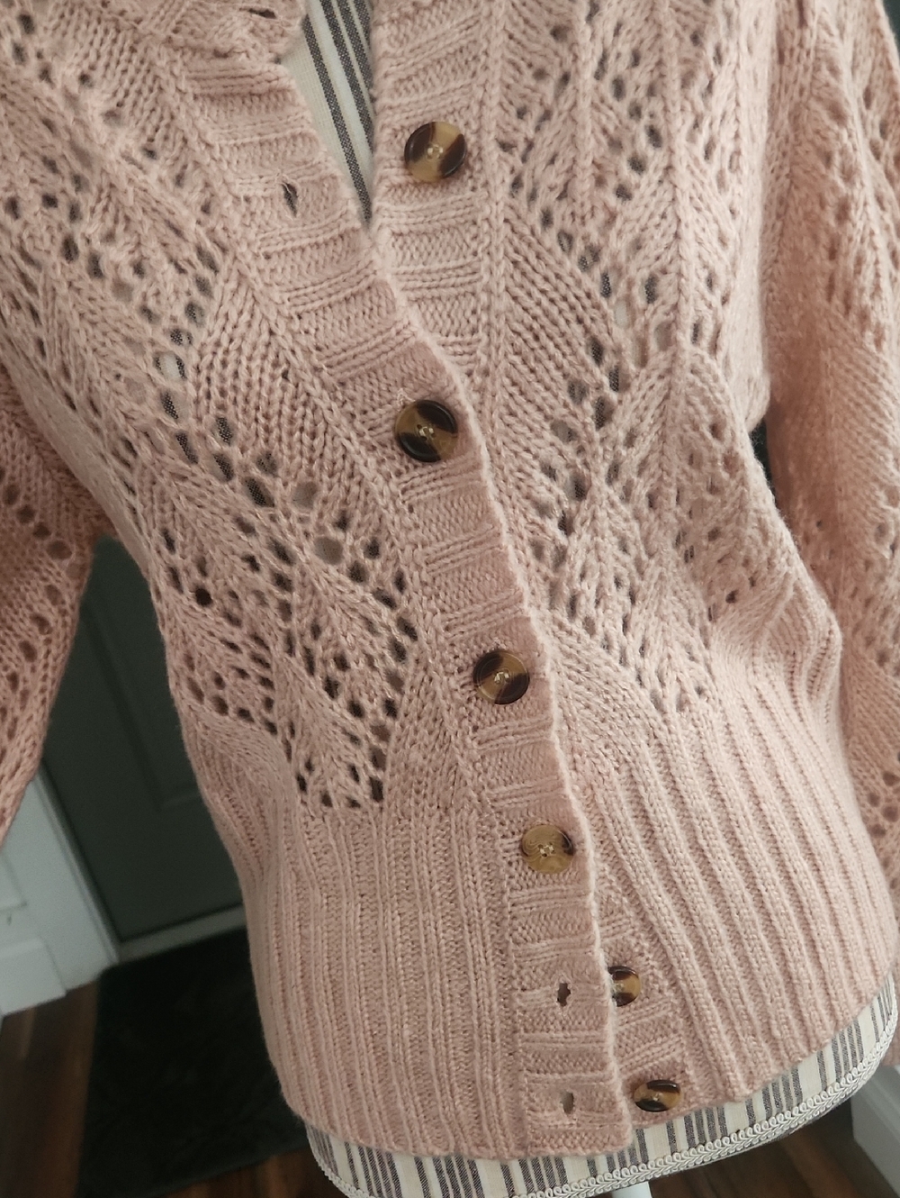Soft Pink Openwork Knit Cardigan Sweater - Picture 5 of 5